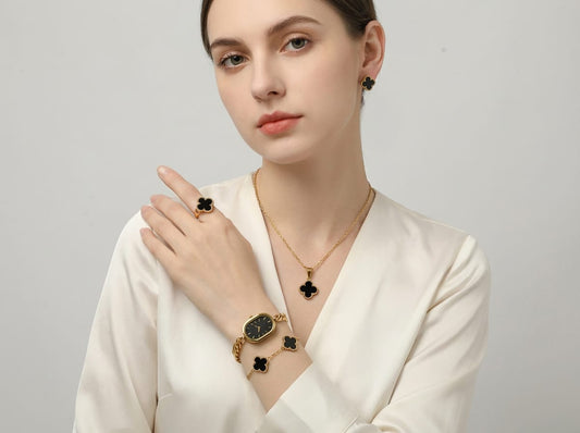 Luxury Black Clover Gold Plated Jewellery Gift Box Set – Necklace, Bracelet, Ring, Earrings & Watch